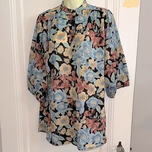 Vintage 70s The Branch Floral Knit Polyester Tunic Top with 3/4 Sleeves